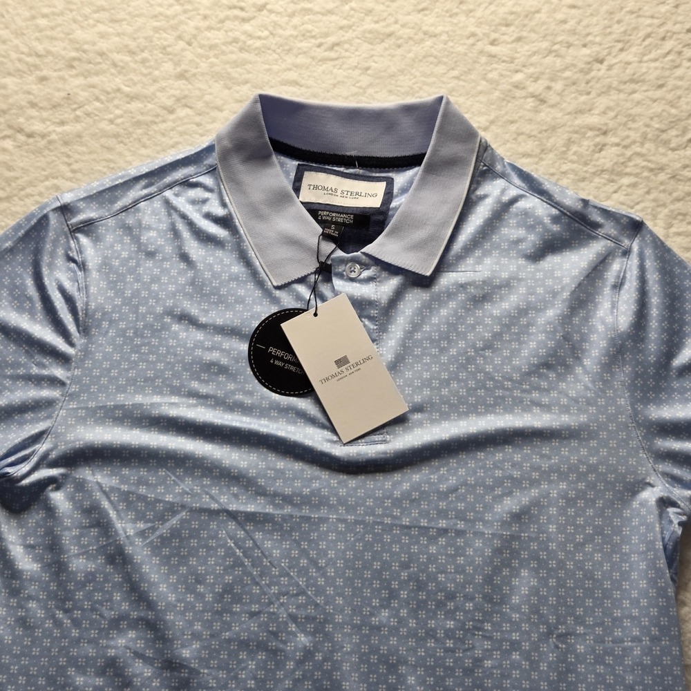 Thomas Sterling Polo Shirt Mens Small Blue Floral Performance Stretch Golf Top